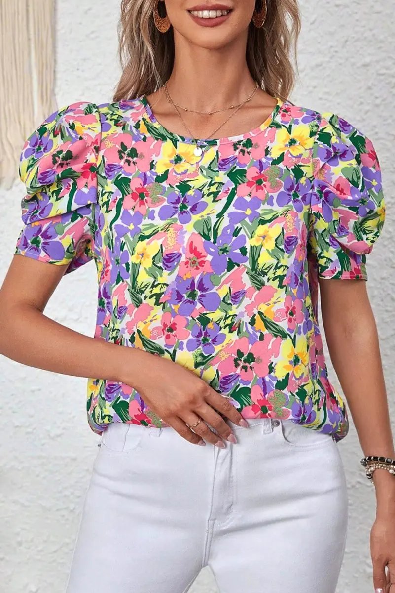 Purple Floral Print Puff Short Sleeve Crew Neck Blouse - Love Salve